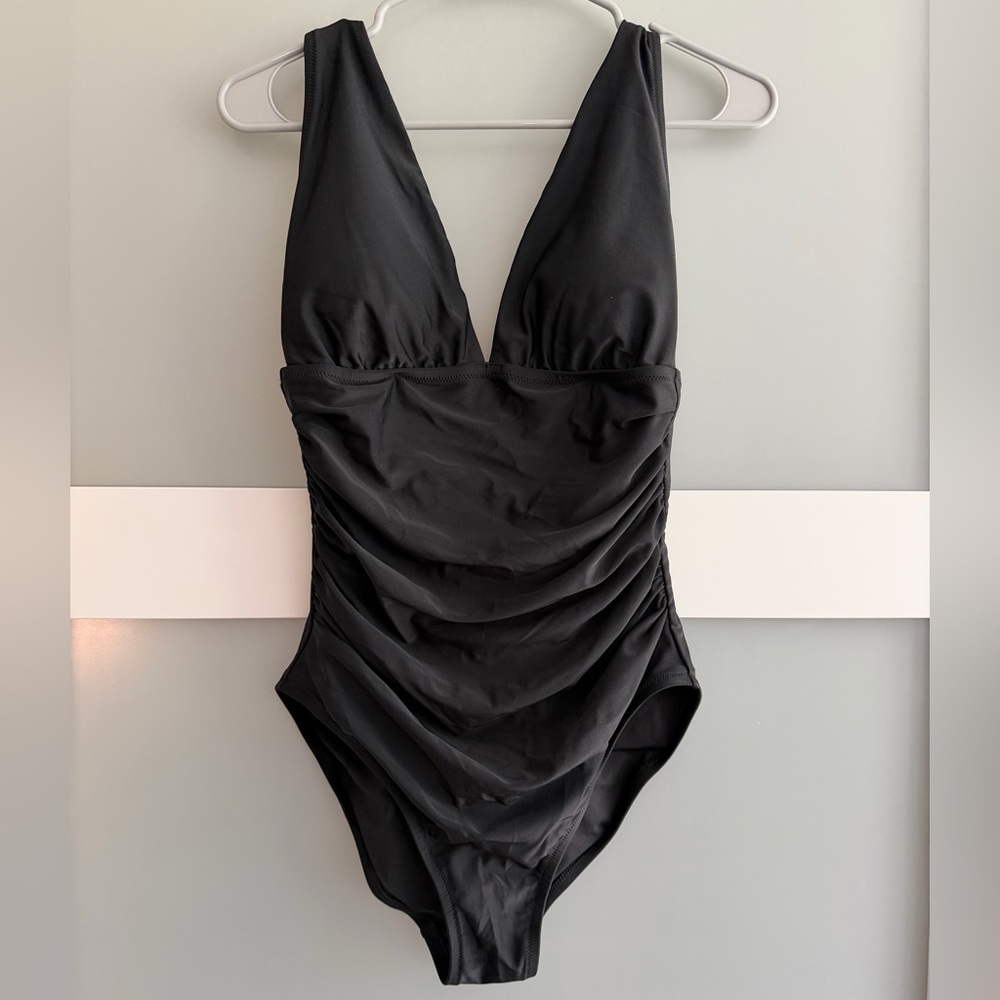 J. Crew Black Ruched V-Neck One-Piece Swim